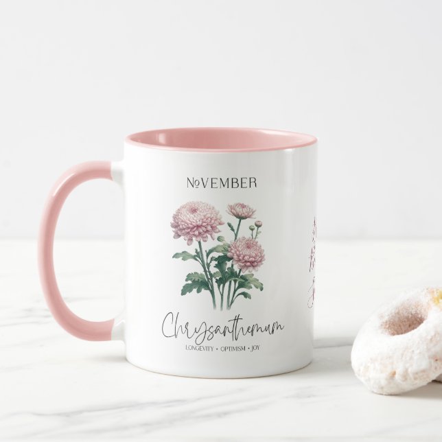 Taza Noviembre Nacimiento Mes Flor Regalo de crisantemo (Con donut)