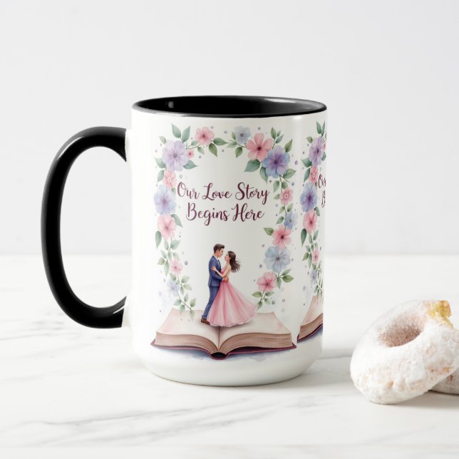 Taza Nuestra historia de amor: Mug de matrimonio floral (Con donut)