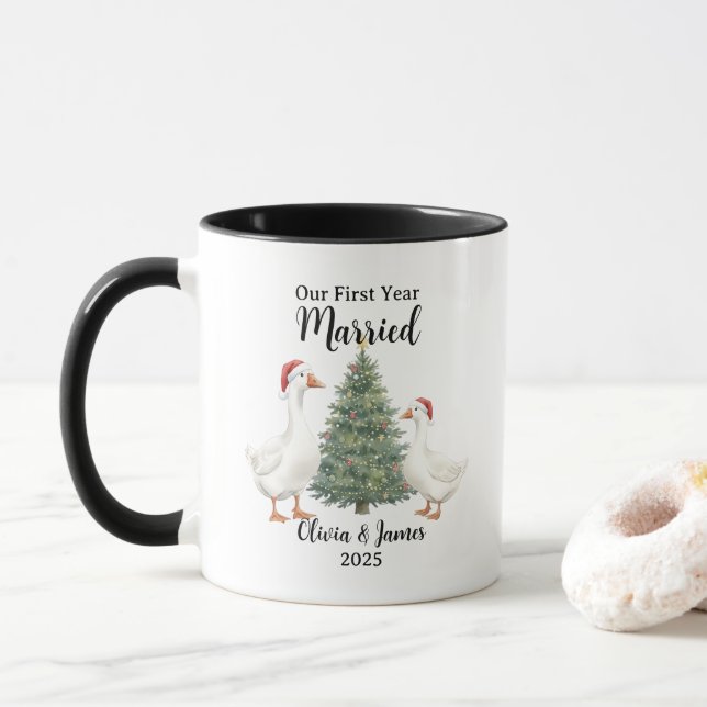 Taza Nuestro Primer Año Casados Ganso Navidad Personali (Con donut)