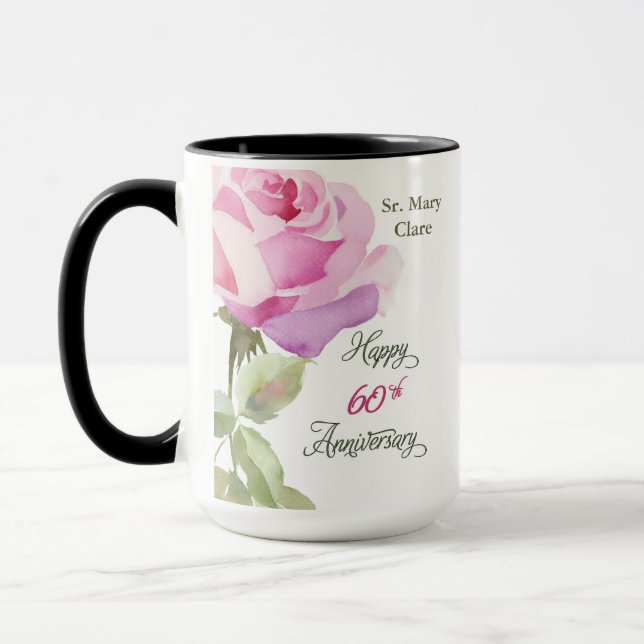 Taza Nun 60th Anniversary Jubilee Custom Name Pink Rose (Izquierda)