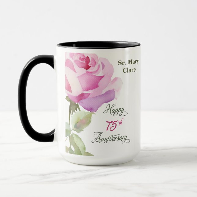 Taza Nun Custom Name 75th Anniversary Pink Rose (Izquierda)