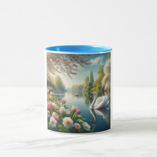 Taza Obra artística de primavera de lagos de cisne flor (Centro)