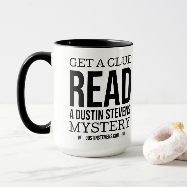 Taza Obtén una pista, lee un misterio de Dustin Stevens (Con donut)