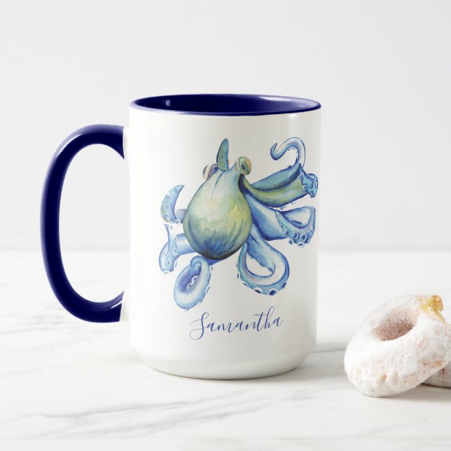 Taza Octopus Azul Personalizado Tema de la playa Café M (Con donut)