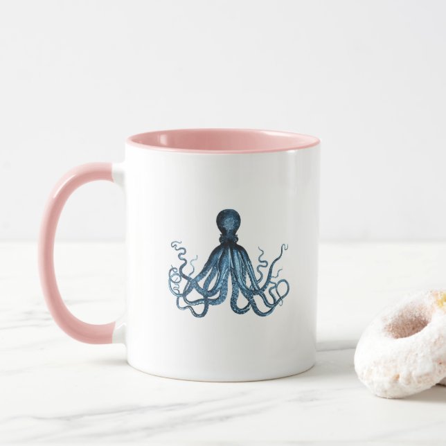 Taza Octopus kraken playa marina costera océano azul (Con donut)