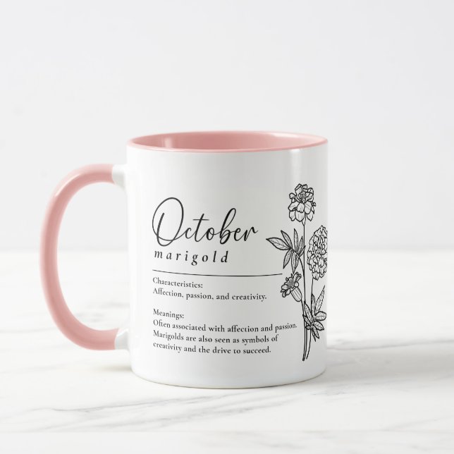 Taza Octubre Mes de Nacimiento Flor Marigold Minimalist (Izquierda)