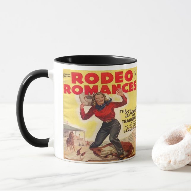 Taza Oeste Rodeo Cowgirl Tying Calf Rodeo Romance (Con donut)