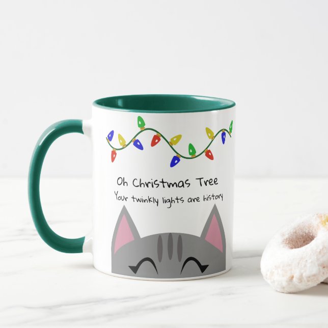 Taza Oh gato y luces de Tabby del árbol de navidad (Con donut)