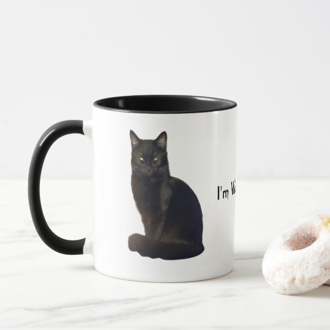 Taza Ojos de observación de gato negro | Te estoy vigil (Con donut)