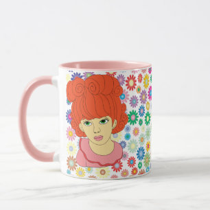 Taza Ojos verdes pelo rizado rojo niña flores arte