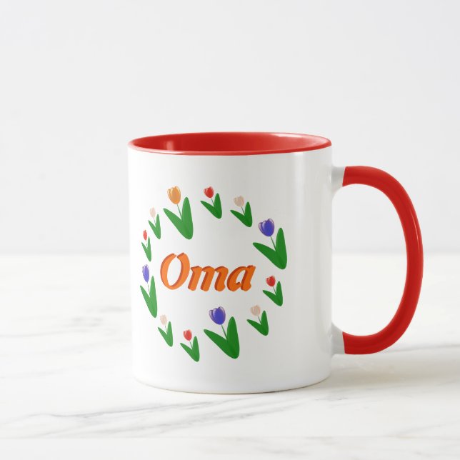 Taza Oma con el brillante patrón holandés de tulipanes  (Derecha)