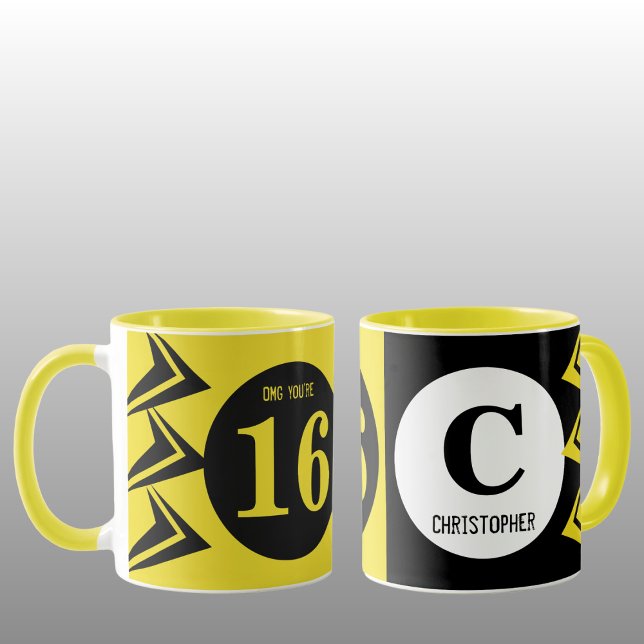 Taza OMG eres 16 nombres de monograma amarillo y negro (Subido por el creador)