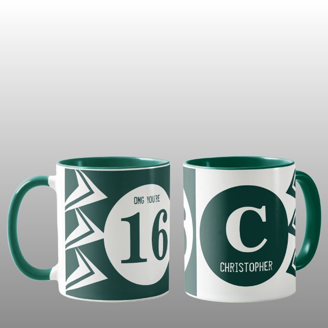 Taza OMG eres 16 nombres de monograma verde y blanco (Subido por el creador)