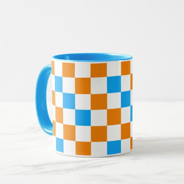 Taza Orange White Blue Checkered Pattern Design  (Anverso izquierdo)