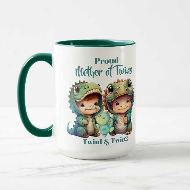 Taza Orgullosa madre de gemelos chicos de dinosaurios d (Izquierda)