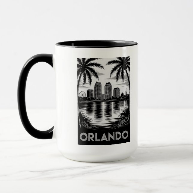 Taza Orlando Skyline Black and White Woodcut Lake Eola (Izquierda)
