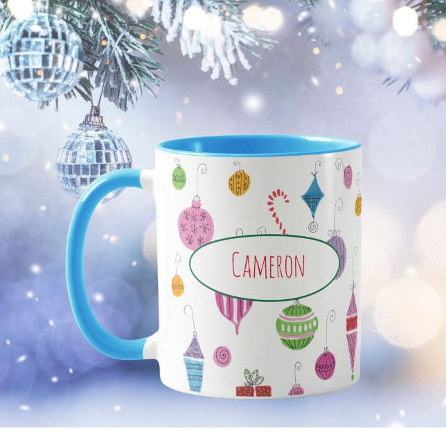 Taza Ornamentos de Navidad Cute Retro Té personalizado (Tea, coffee and hot chocolate taste better when sipped from this unique, hand-illustrated mug!)