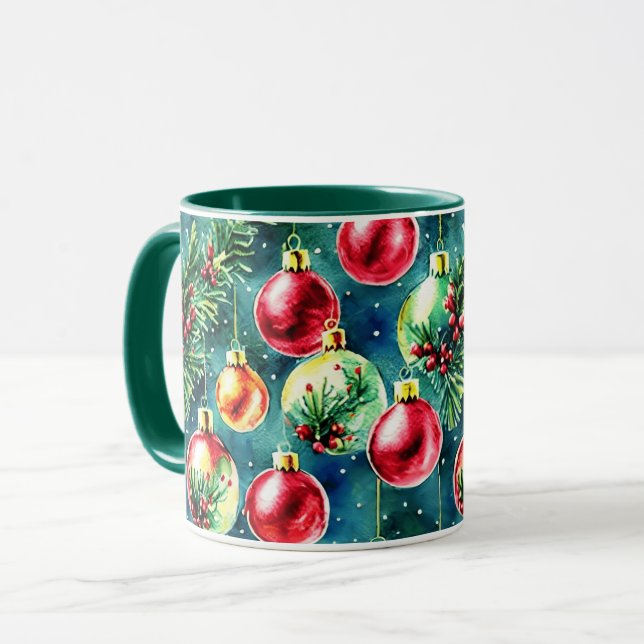 Taza Ornamentos navideños acuarelas, verde rojo y Verde (Anverso izquierdo)
