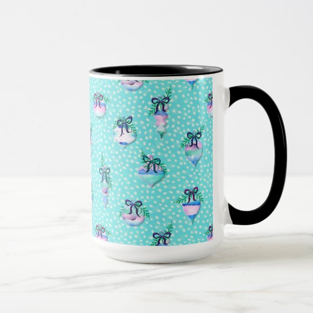 Taza Ornamentos navideños acuarelas y nieve en Aqua (Derecha)