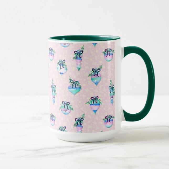 Taza Ornamentos navideños acuarelas y nieve en rosa (Derecha)