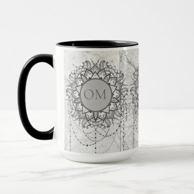 Taza Ornate Lotus OM Mandala en mármol plateado (Izquierda)