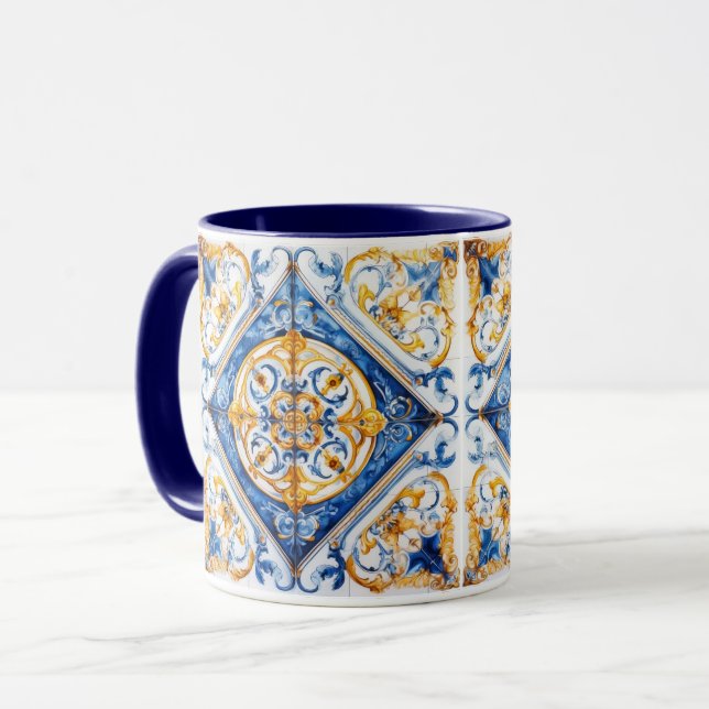 Taza Oro azul y Talavera blanca Azulejo Tile Look Mug (Anverso izquierdo)
