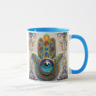 Taza Oro Colorido Filigree Azul-Verde Tercer Ojo Hamsa