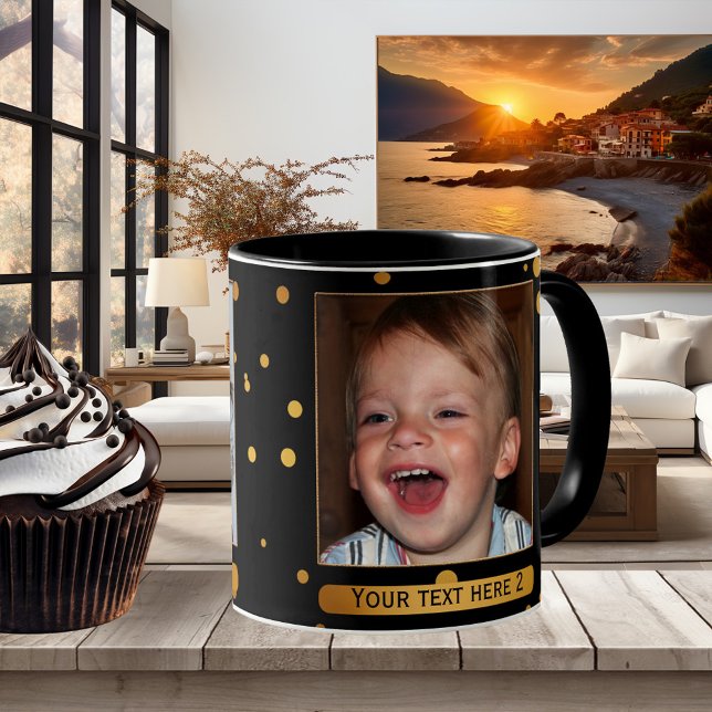 Taza Oro en negro de captura personalizada de fotos (Festive photo mug in black with gold confetti dots and your own favorite photos)