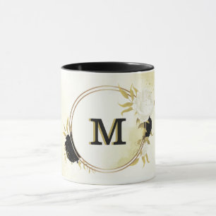 Taza oro floral blanco y negro