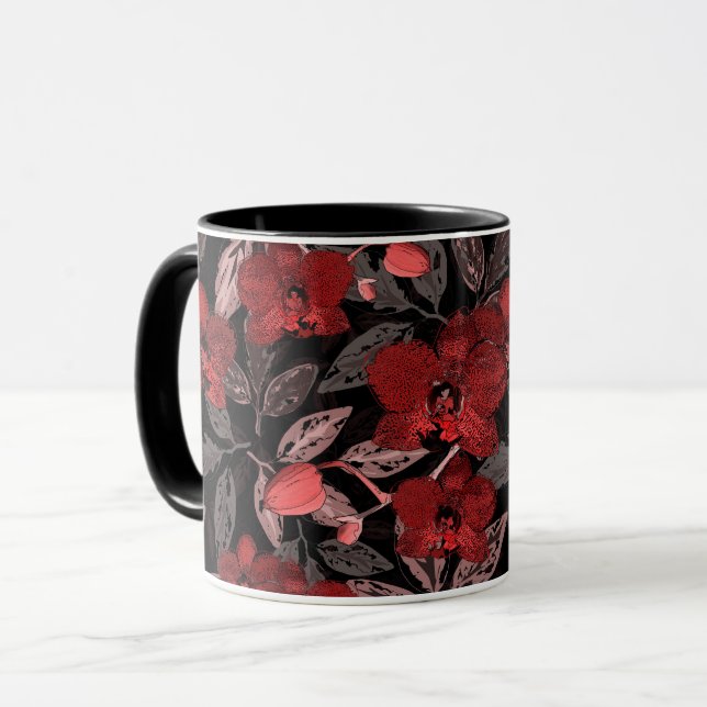 Taza orquídeas rojas sobre negro. (Anverso izquierdo)