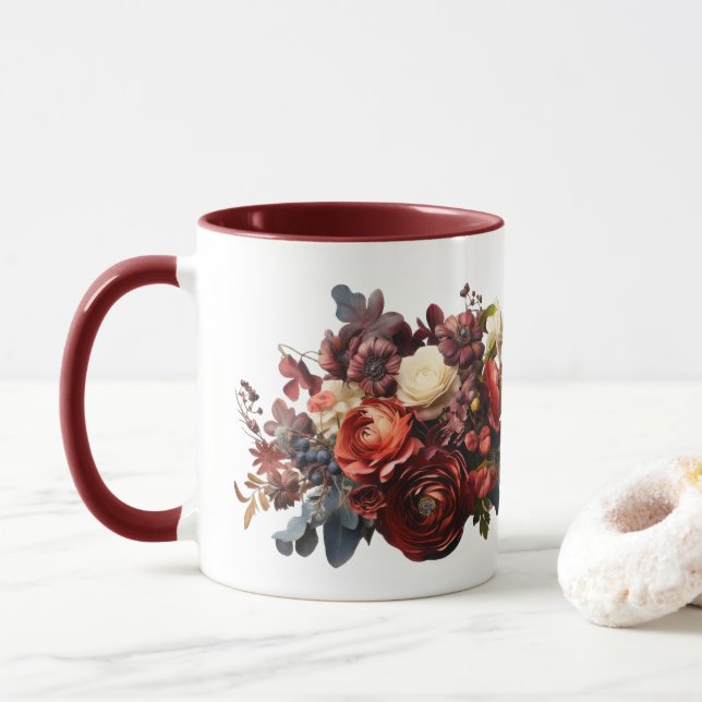 Taza Oscuro Moody Florals Burgundy Maroon Coral White (Con donut)
