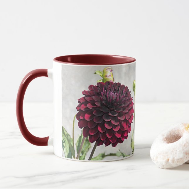 Taza Oscuro rojo Dahlia Bloom Floral Mug (Con donut)