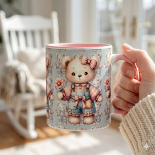 Taza Osito de peluche de pastel sosteniendo flor con ov