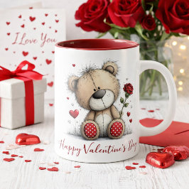 Taza Oso de peluche del día de San Valentín con rosa y