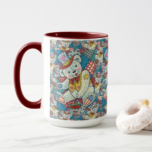 TAZA OSO DE TEDIA PATRIOTA, BARCO Y COLCHOTE CULTIVO (Con donut)
