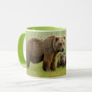 Taza Oso Pardo de Alaska con crías en una pradera