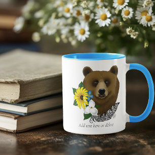 Taza Oso Pardo Flores Azules Pluma Vida Silvestre