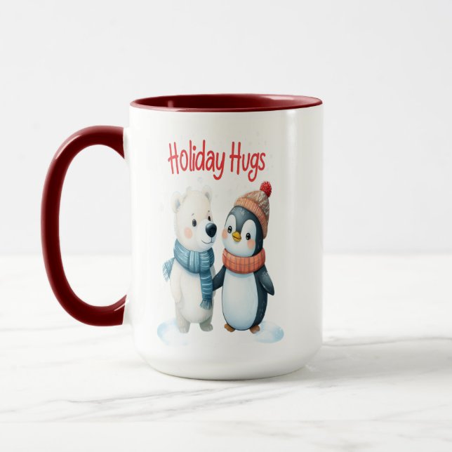 Taza Oso polar lindo y amigos pingüinos Navidades mug (Izquierda)