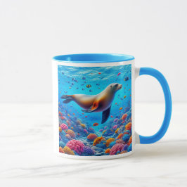 Taza Otarie nageant sous la mer parmi les poissons.