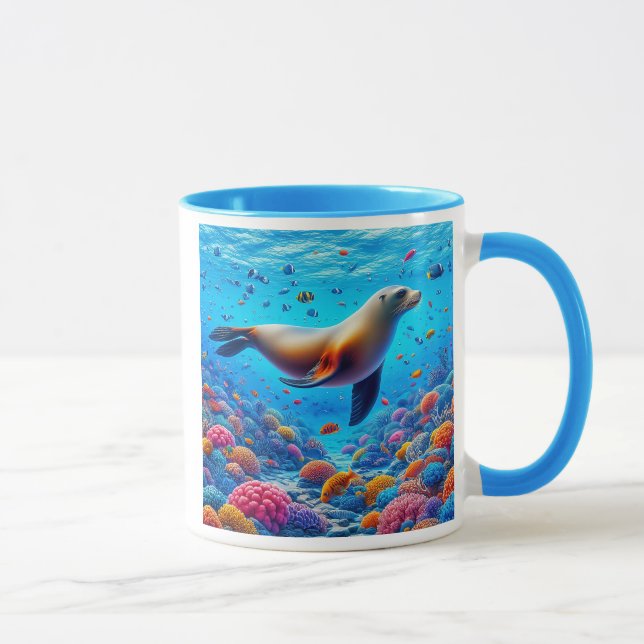 Taza Otarie nageant sous la mer parmi les poissons. (Derecha)
