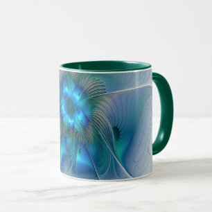 Taza Ovaciones de pie, fractal azul turquesa abstracto