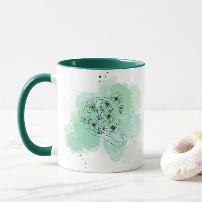 Taza P acuarela inicial Monograma Verde Botánico (Con donut)