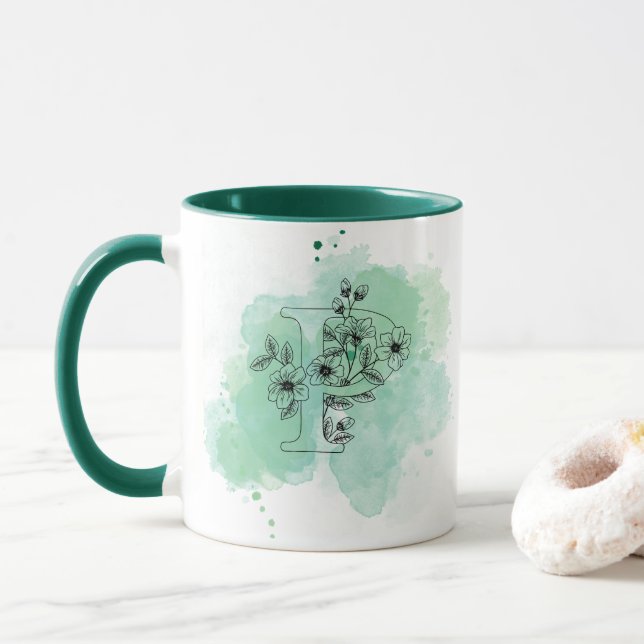 Taza P acuarela inicial Monograma Verde Botánico (Con donut)