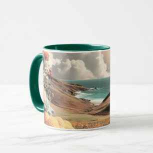 Taza Paisaje costero surrealista con flores y nubes