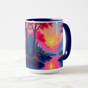 Taza Paisaje de Fantasía de Montañas de Puesta de Sol P