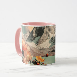 Taza Paisaje montañoso surrealista con flores florecien