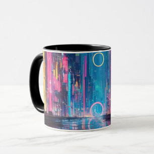 Taza Paisaje nocturno futurista y vibrante de la ciudad
