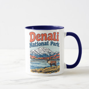 Taza Paisaje Retro de Parque Nacional Denali con Alce