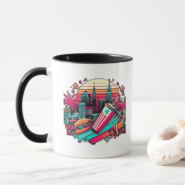 Taza Paisaje Retro Neon Cityscape con Vibes de Comida R (Con donut)