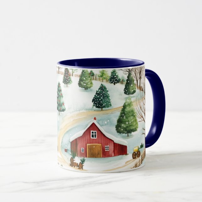 Taza Paisaje rústico de invierno acuarela con árboles f (Anverso derecho)